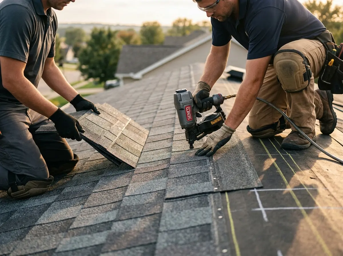Professional roofer working on a residential roof in Lakes of the Four Seasons